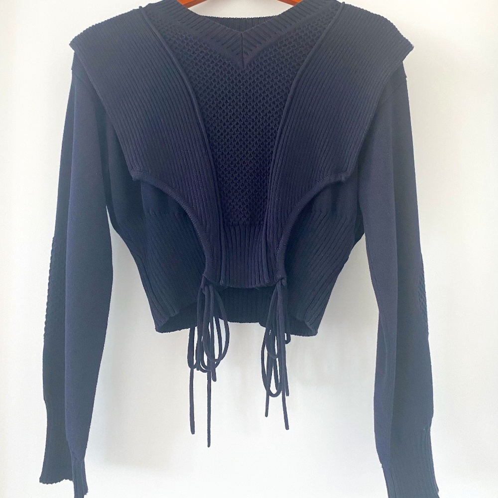 Fendi Knitwear Pullover- Tie-Detailed Paneled Cotton Sweater- Navy Blue